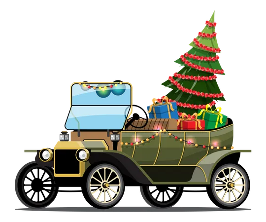 Carro antigo com árvore de Natal  Ilustração