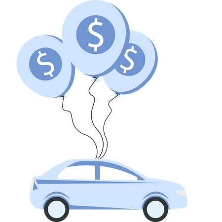 Carro com balões de dólar flutuando para cima  Ilustração