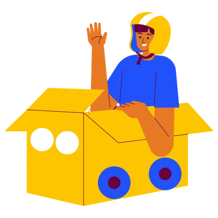 Criança dirigindo um carro de brinquedo feito de caixa de papelão  Ilustração
