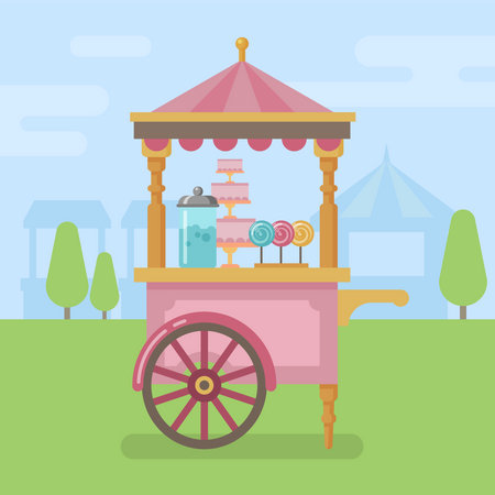 Carro de dulces en el jardín.  Ilustración