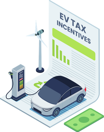 Carro elétrico em estação de carregamento em documento de incentivo fiscal  Ilustração