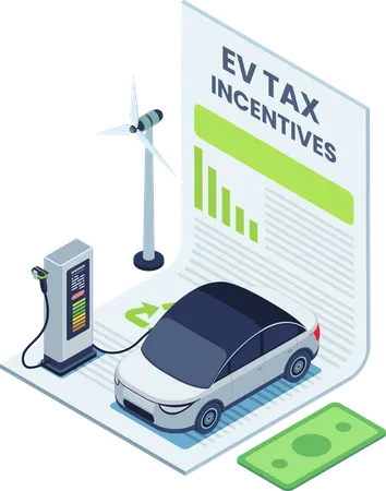 Carro elétrico em estação de carregamento em documento de incentivo fiscal  Ilustração