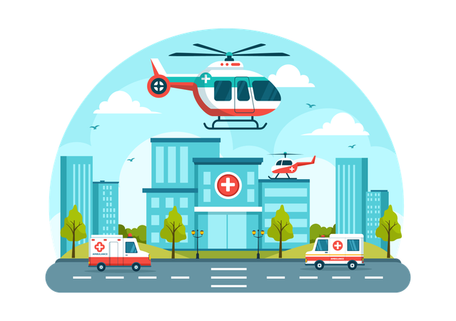 Helicóptero médico e carro ambulância  Ilustração