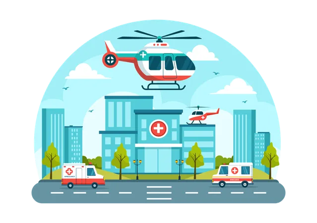 Helicóptero médico e carro ambulância  Ilustração