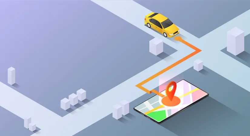 Carro De Banner Web Isometrico 3 D Vai Apontar Para O Aplicativo De Navegacao De Mapa GPS No Smartphone Pagina De Destino Do Conceito De Tecnologia De Navegacao De Mapa GPS Movel Ilustração