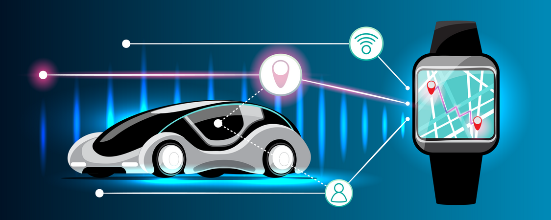 Carro inteligente conectado com relógio inteligente  Ilustração