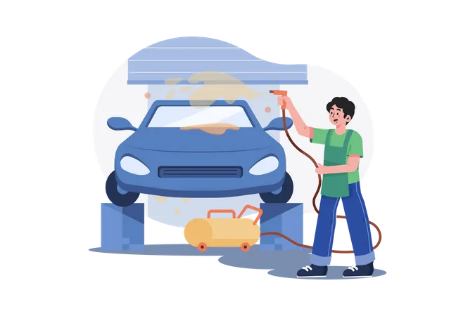 Trabalhador de garagem limpando carro  Ilustração