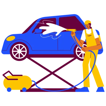 Trabalhador de garagem limpando carro  Ilustração