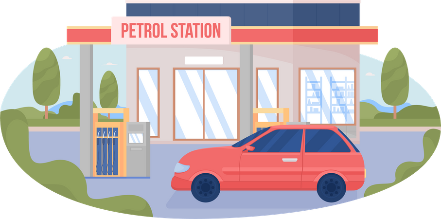 Carro no posto de gasolina da cidade  Ilustração