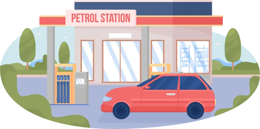 Carro no posto de gasolina da cidade  Ilustração