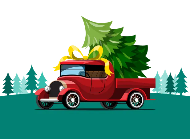 Carro retrô carregado com árvore de Natal  Ilustração