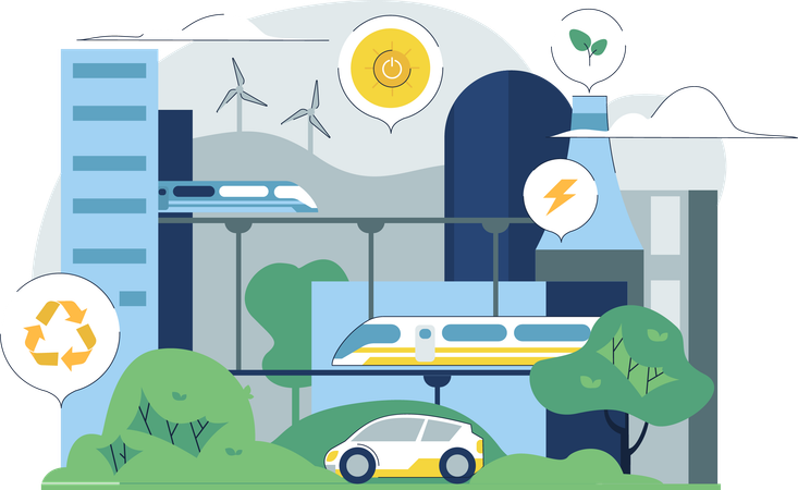 Carro usando energia ecológica em cidades urbanas  Ilustração