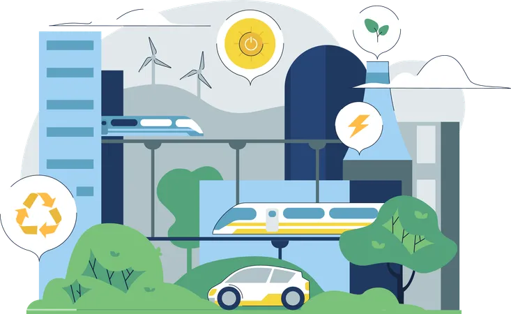 Carro usando energia ecológica em cidades urbanas  Ilustração