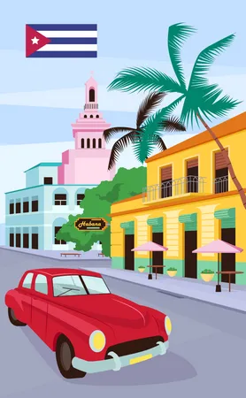 Carro antigo vermelho em Havana  Ilustração