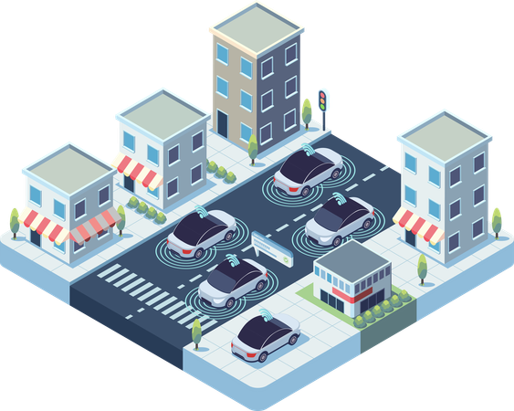 Carros autônomos com sensores avançados em cidade inteligente.  Ilustração