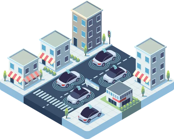 Carros autônomos com sensores avançados em cidade inteligente.  Ilustração