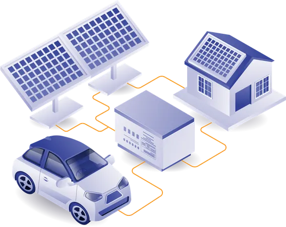 Carros elétricos são carregados através de eletricidade solar  Ilustração