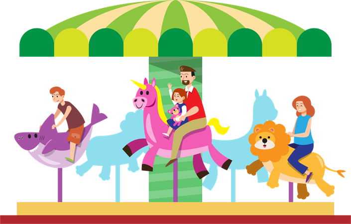 Famille jouant au manège du carrousel  Illustration