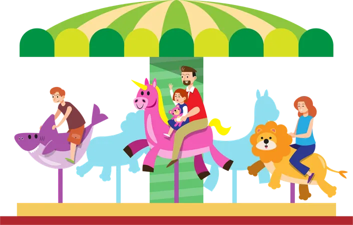 Famille jouant au manège du carrousel  Illustration