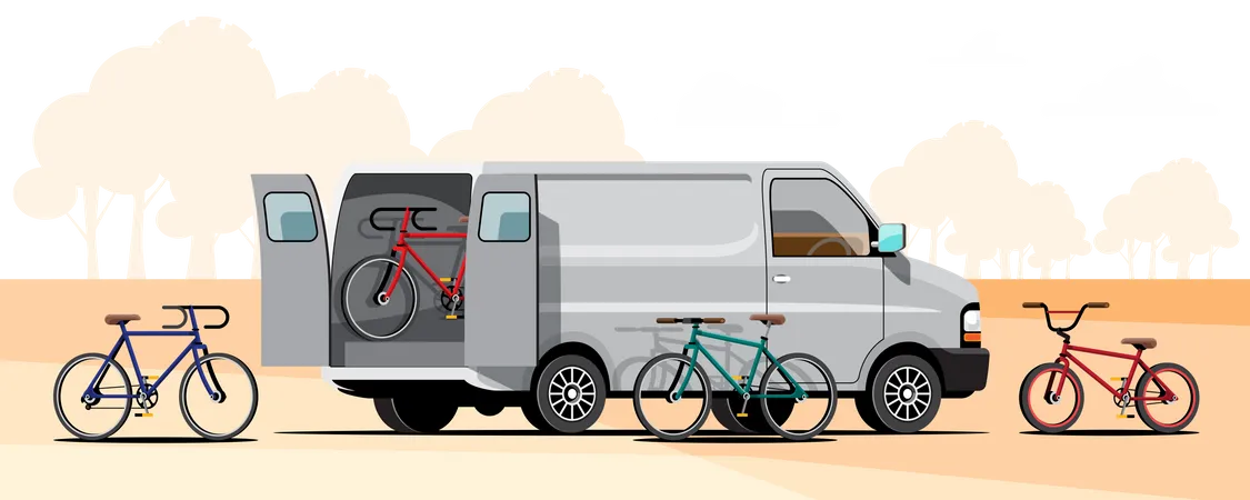 One Family Went On A Bicycle Tour When He Used A Van To Carry Several Bikes So Everyone Could Have A Bike To Ride Flat Vector Illustration Design Illustration