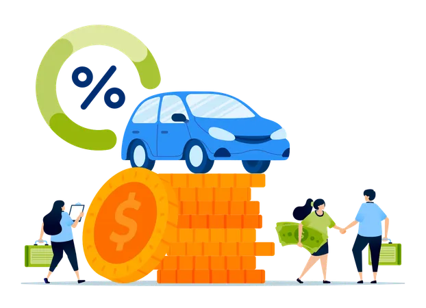 Cars on piles of money symbolizing down payments and low-interest loans for vehicle financing  Illustration