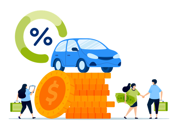 Cars on piles of money symbolizing down payments and low-interest loans for vehicle financing  Illustration