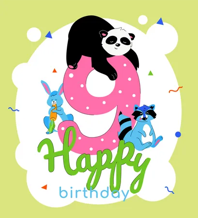 Modelo De Vetor De Cartao De Aniversario De 9 Anos Para Criancas Celebracao Do Nono Dia Cartao Postal Com Layout De Animais Urso Panda Fofo Guaxinim E Coelho Comendo Ilustracao Plana De Cenoura Ilustração