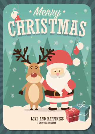Cartão de feliz Natal com Papai Noel e renas e caixas de presentes em fundo de inverno, ilustração vetorial  Ilustração
