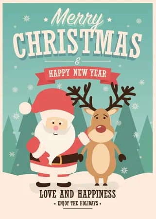 Cartão de feliz Natal com Papai Noel e renas em fundo de inverno, ilustração vetorial  Ilustração