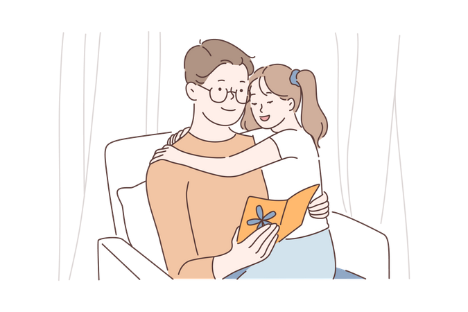 Pai com filha e olhando cartão  Ilustração