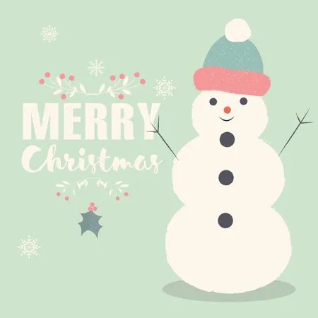 Cartão postal com letras de Feliz Natal com boneco de neve sorridente  Ilustração