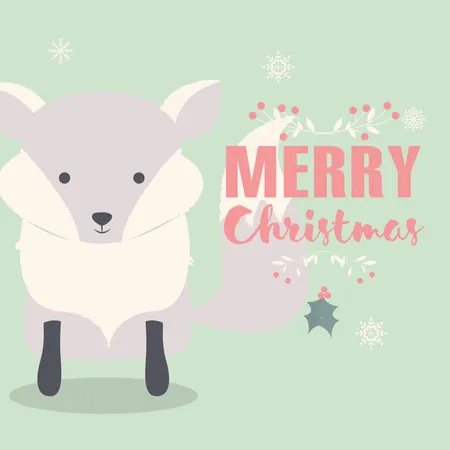 Cartão postal com letras de Feliz Natal com uma linda raposa polar bebê  Ilustração