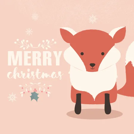Cartão postal com letras de Feliz Natal com uma linda raposa bebê laranja  Ilustração