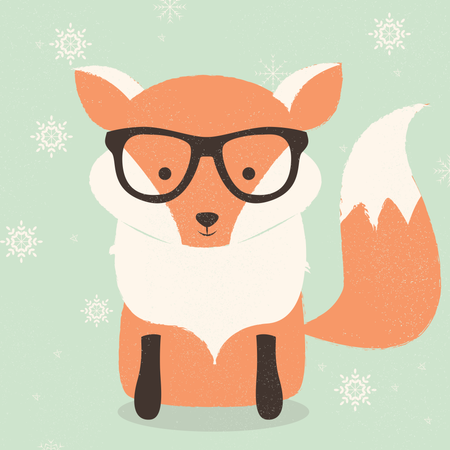 Cartão postal de feliz Natal com uma raposa laranja hipster fofa usando óculos  Ilustração