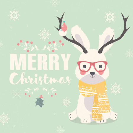 Cartão postal de feliz Natal, coelho polar hipster usando óculos e chifres  Ilustração