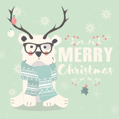Cartão postal de feliz Natal, urso polar hipster usando óculos e chifres  Ilustração