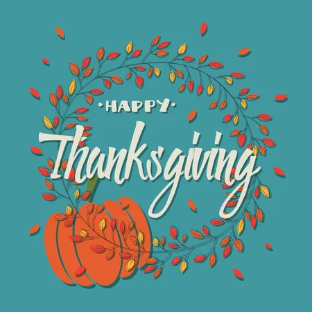 Carte de joyeux Thanksgiving avec éléments décoratifs, couronne florale et citrouille, design coloré  Illustration