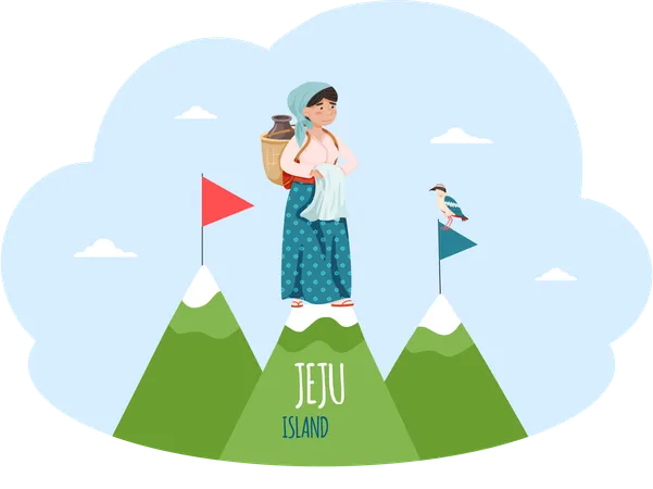 Carte d'invitation de l'île de Jeju Paysage montagneux d'un pays d'Asie du Sud avec une femme au sommet d'une colline  Illustration