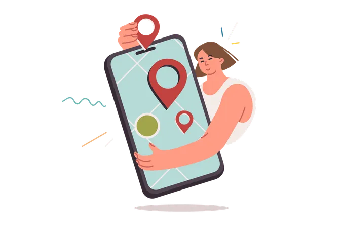 Carte numérique sur téléphone portable entre les mains d'une femme utilisant un navigateur en ligne pour naviguer facilement dans la ville  Illustration