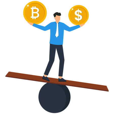 Carteira de saldo de investidor ou comerciante com moeda de dólar e bitcoin  Ilustração