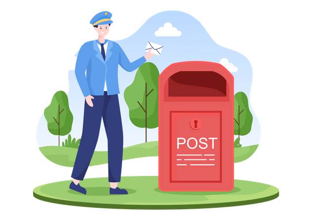 Carteiro colocando envelope na caixa de correio do serviço postal  Ilustração