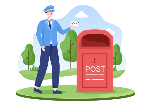 Carteiro colocando envelope na caixa de correio do serviço postal  Ilustração