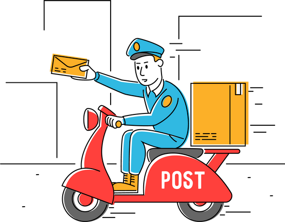 Carteiro entregando encomendas através de scooter  Ilustração