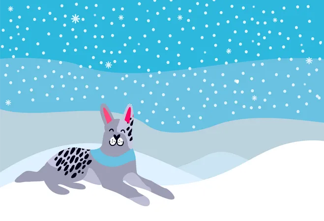 Hola Cartel De Invierno Con Perro Gris Manchado Con Collar Azul Simbolo Del Ano Nuevo 2018 En El Fondo De Paisaje Nevado Y Copos De Nieve Ilustracion Vectorial Ilustración