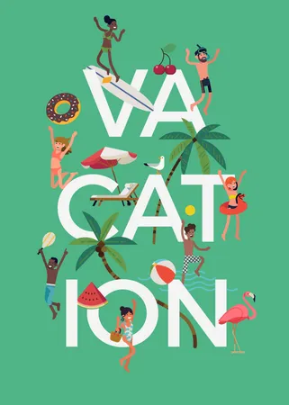 Cartel de vacaciones con gente feliz disfrutando del verano en la playa.  Ilustración