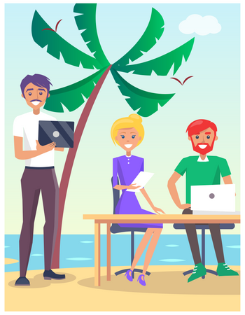 Cartel de viaje de negocios con gente en la playa  Ilustración