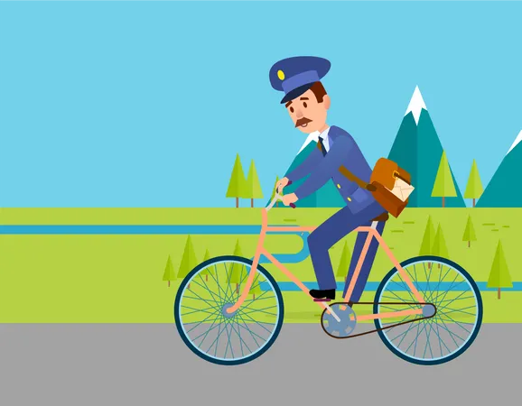 Cartero en uniforme con bolsa de correo conduciendo bicicleta  Ilustración