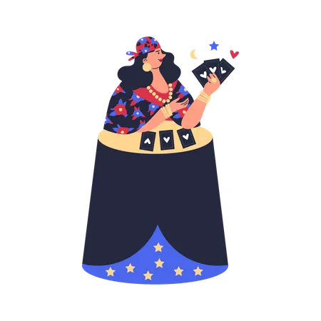 Mulher cartomante cigana com cartas  Ilustração