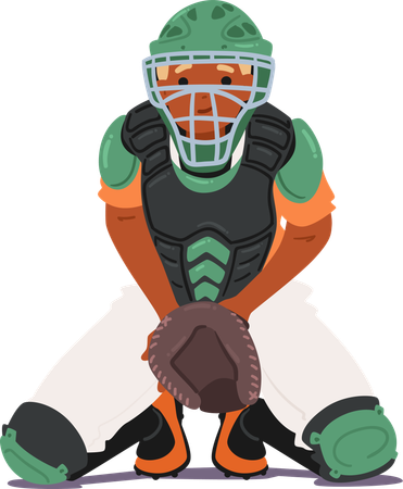 Cartoon Baseball Catcher Character In Full Protective Gear  Illustration