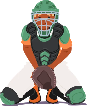 Cartoon Baseball Catcher Character In Full Protective Gear  Illustration